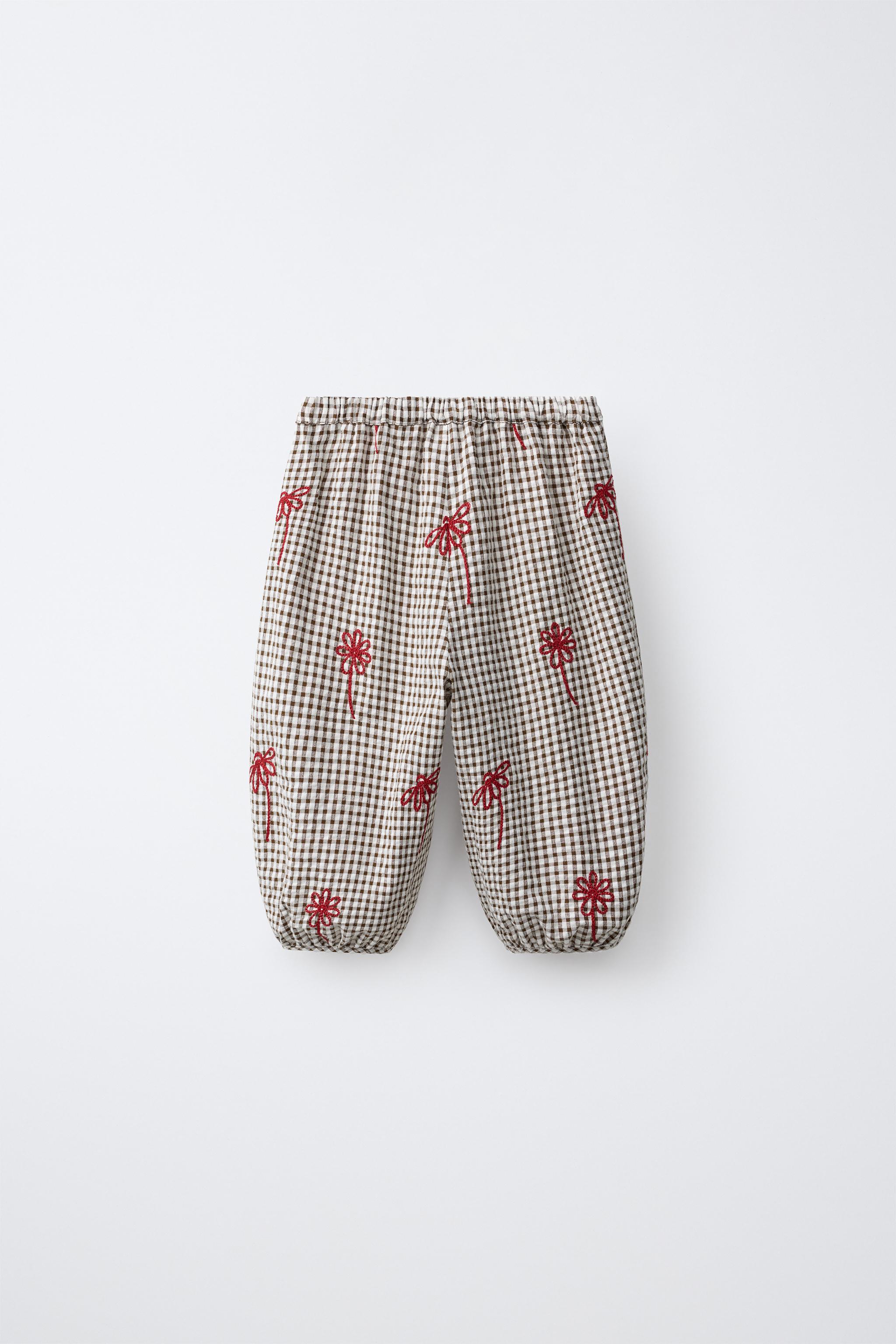 PANTALON BOUFFANT À CARREAUX VICHY ET FLEURS BRODÉES